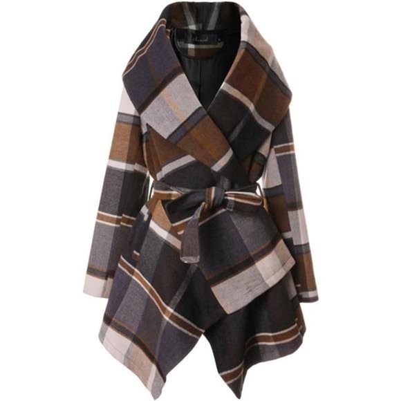 Jackets & Blazers - Women's Turn Down Shawl Collar Earth Tone Check Asymmetric Hemline Wool  Coat